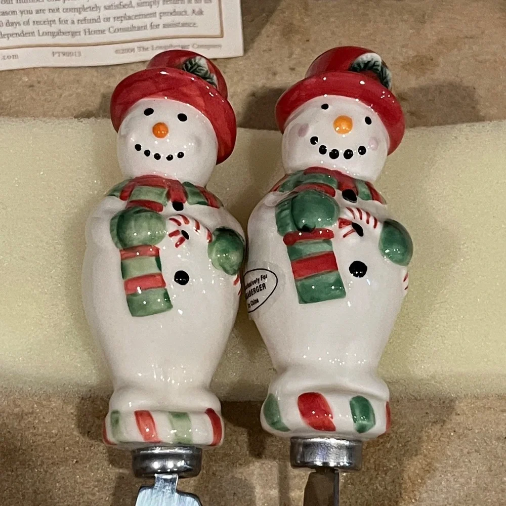 Longaberger Snowman Holiday Spreaders - Red and Green Ceramic 2-Pack